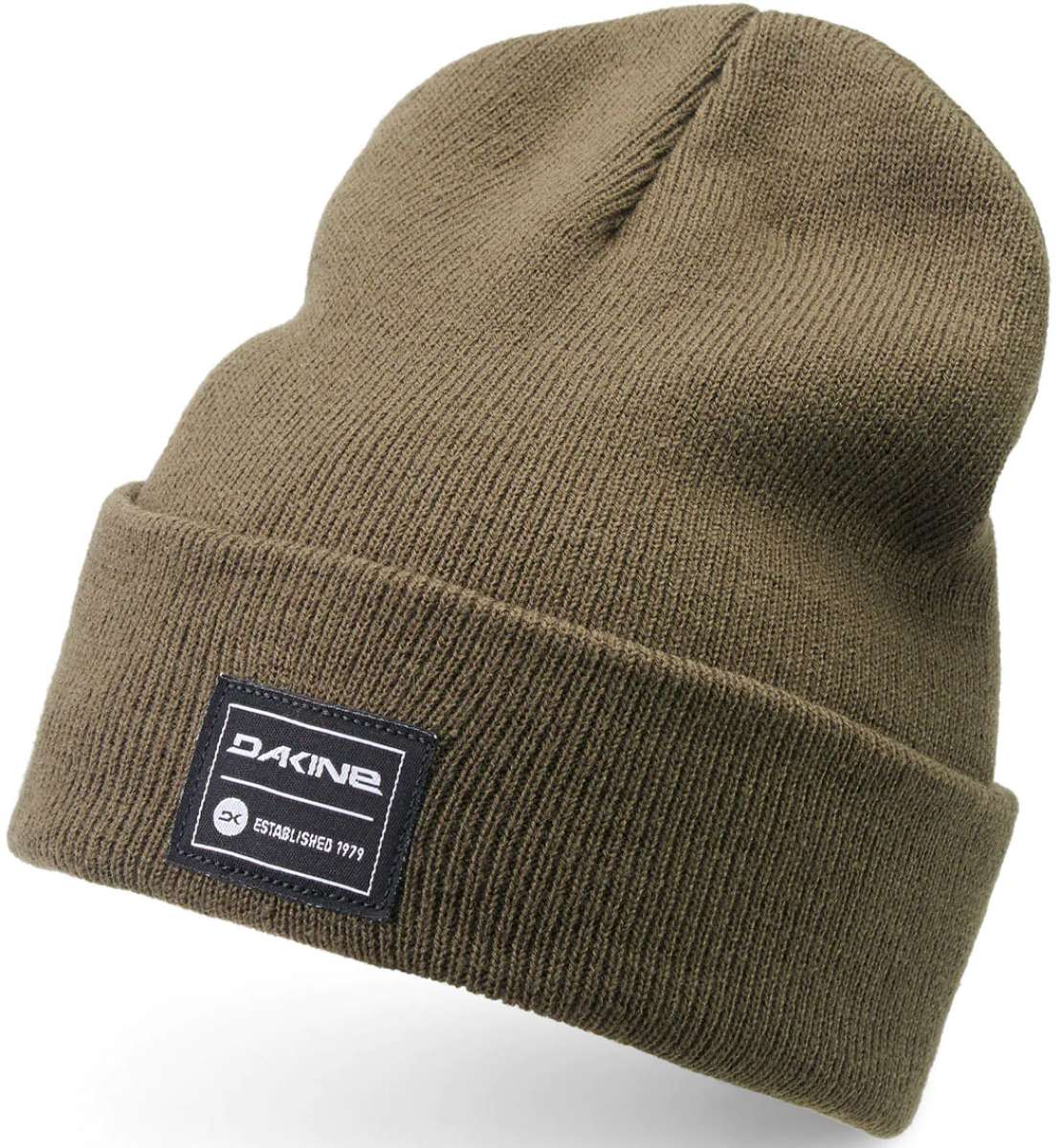 Dakine Cutter Beanie Adult 2024 - A khaki-colored beanie with a black patch on the front featuring the brand name "DAKINE" in white letters.