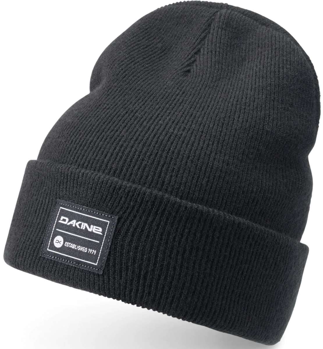 Dakine Cutter Beanie Adult 2024 - A black beanie with a rectangular patch on the cuff featuring the brand name "DAKINE" in white letters and the word "ESTABLISHED 1979" below it.