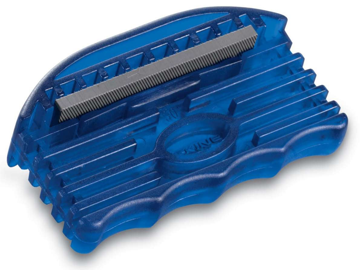 Dakine Edge Tuner Tool 2022-2023 - A blue plastic tool with a gray metal comb-like component on top, featuring ridges and grooves for tuning edges.