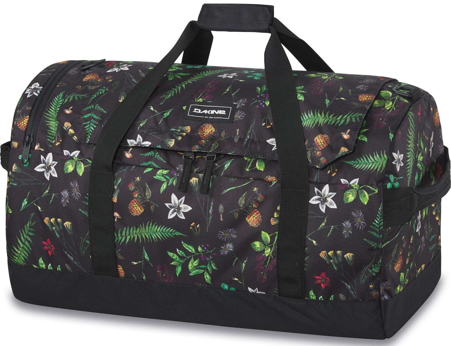 Dakine EQ Duffle 50L 2022-2023 - A black duffel bag with a repeating pattern of pinecones, ferns, and wildflowers.