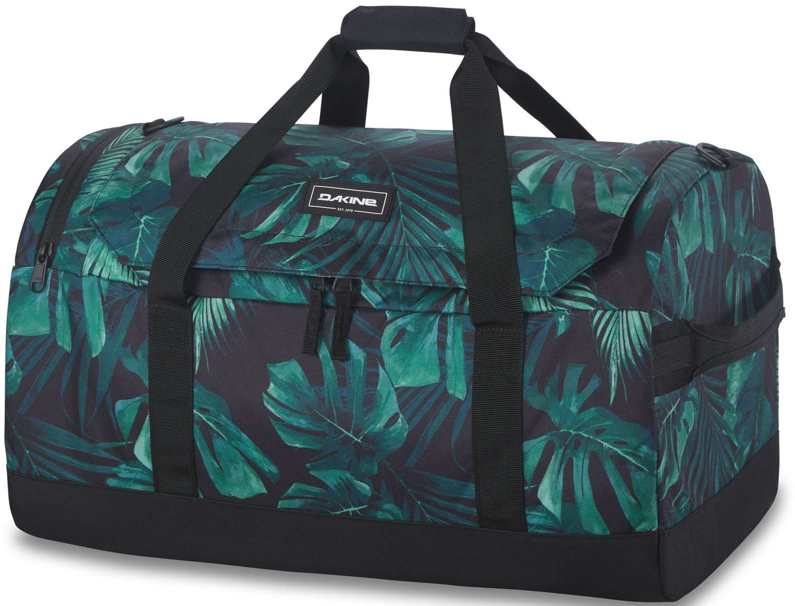 Dakine EQ Duffle 50L 2022-2023 - A large, rectangular duffel bag with a black base and green palm leaf pattern on top.
