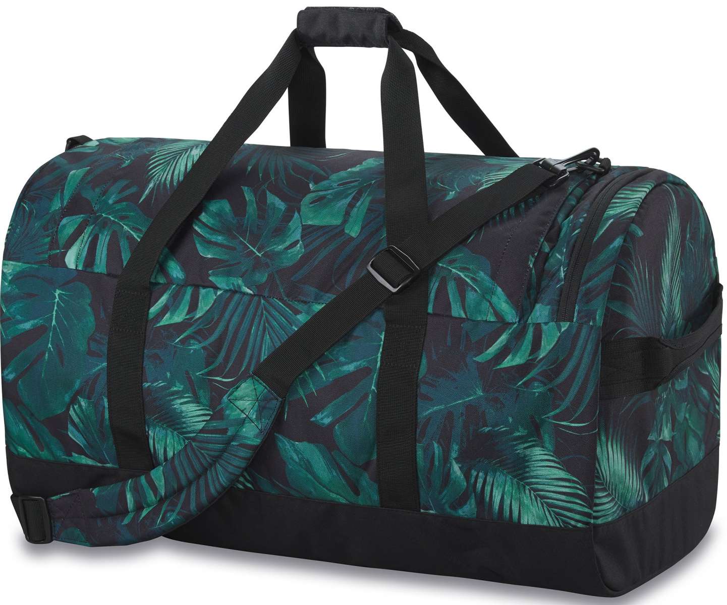 Dakine EQ Duffle 70L Bag 2024 - A large duffel bag with a black base and green palm leaf pattern.