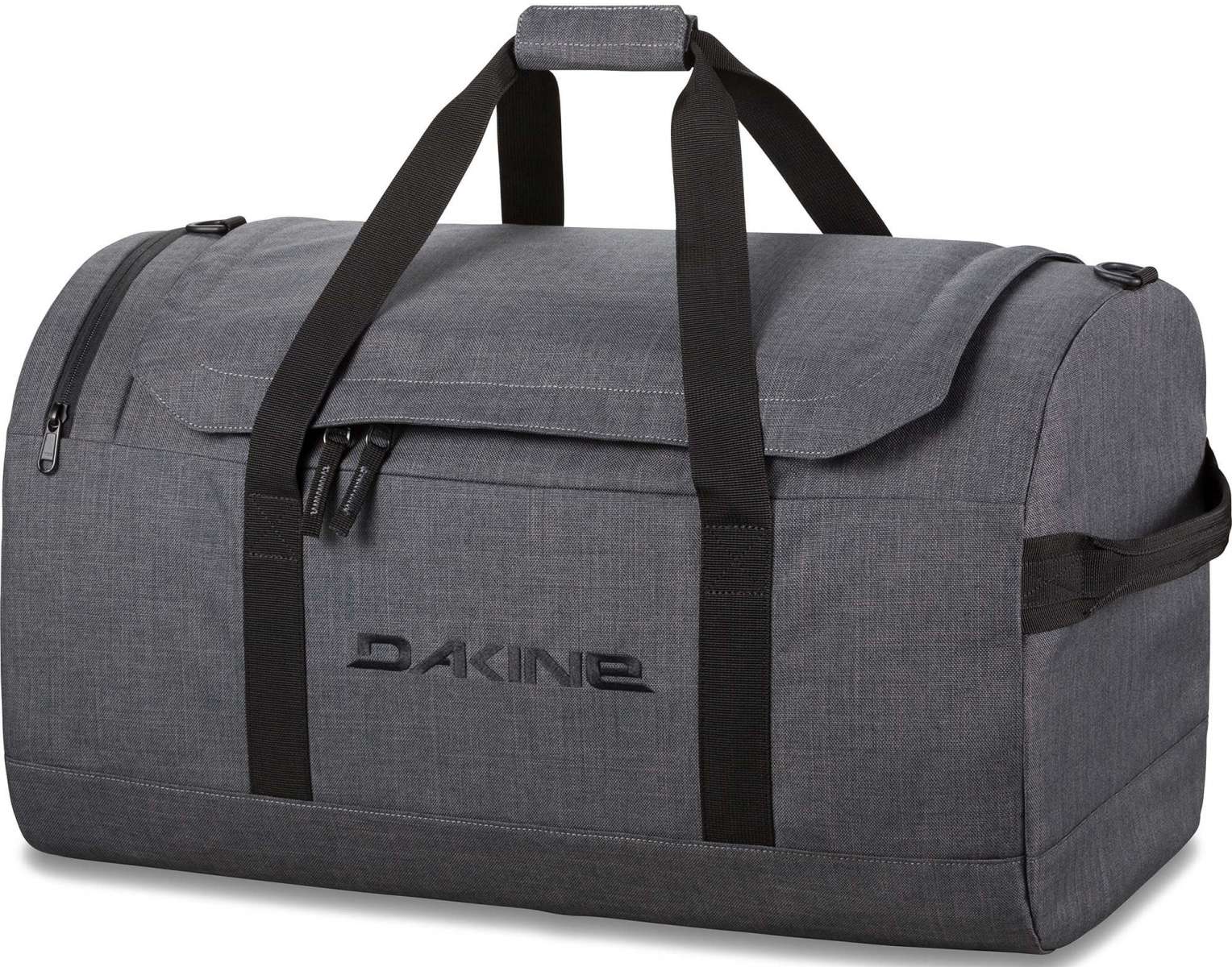 Dakine EQ Duffle 70L Bag 2024 - A large gray duffel bag with a zippered top and two black shoulder straps.