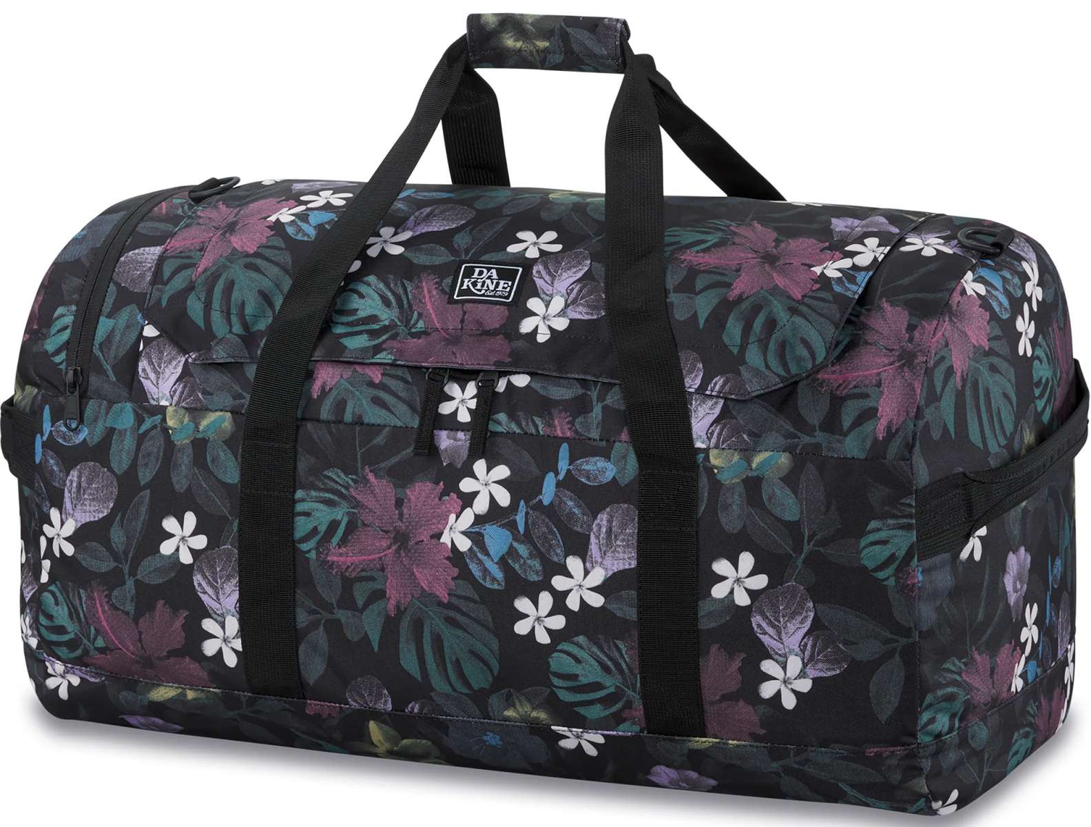 Dakine EQ Duffle 70L Bag 2024 - A large duffel bag with a black background and a repeating pattern of green, purple, and white leaves.