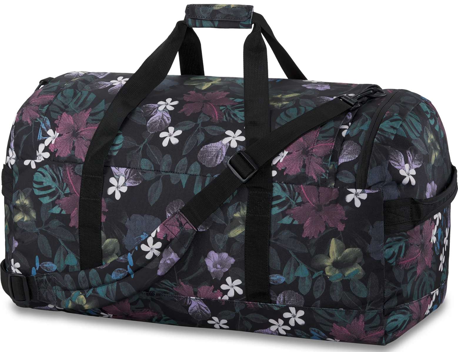 Dakine EQ Duffle 70L Bag 2024 - A large duffel bag with a black base color and a pattern of green, purple, and white flowers and leaves printed all over it.