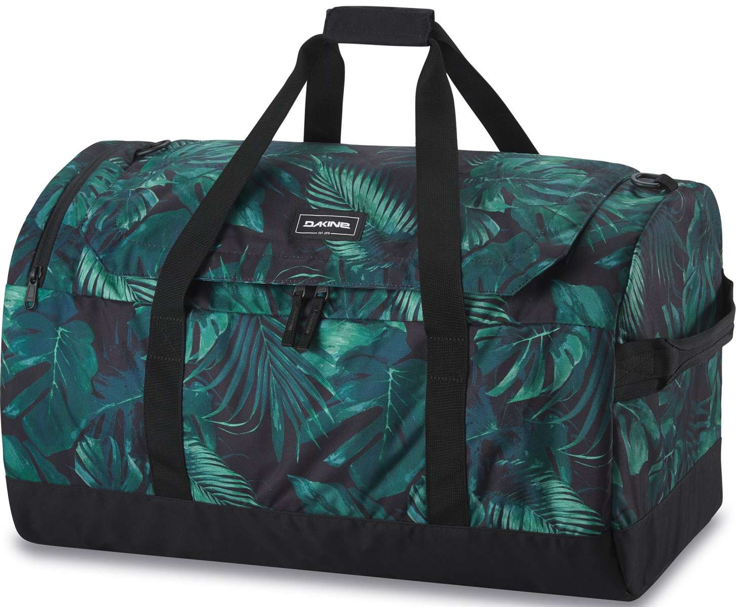 Dakine EQ Duffle 70L Bag 2024 - A large duffel bag with a black base and green palm leaf pattern.