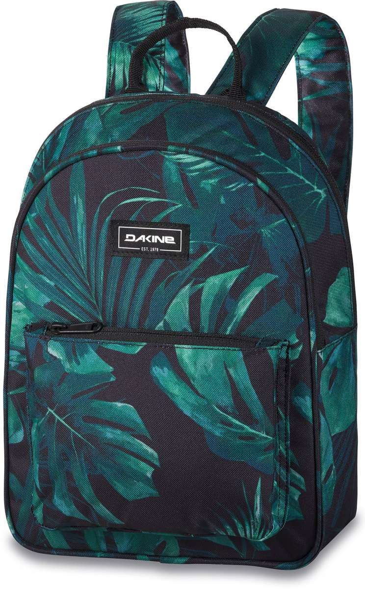 Dakine Ladies Essentials Pack 7L 2022-2023 - A black backpack with a white logo and straps, featuring palm tree designs in shades of green.