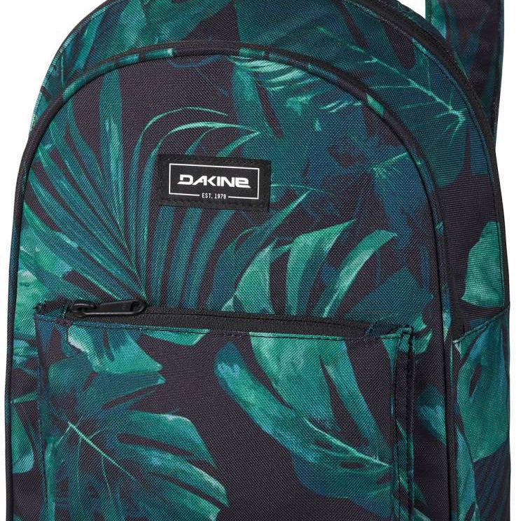 Dakine Ladies Essentials Pack 7L 2022-2023 - A black backpack with a white logo and straps, featuring palm tree designs in shades of green.