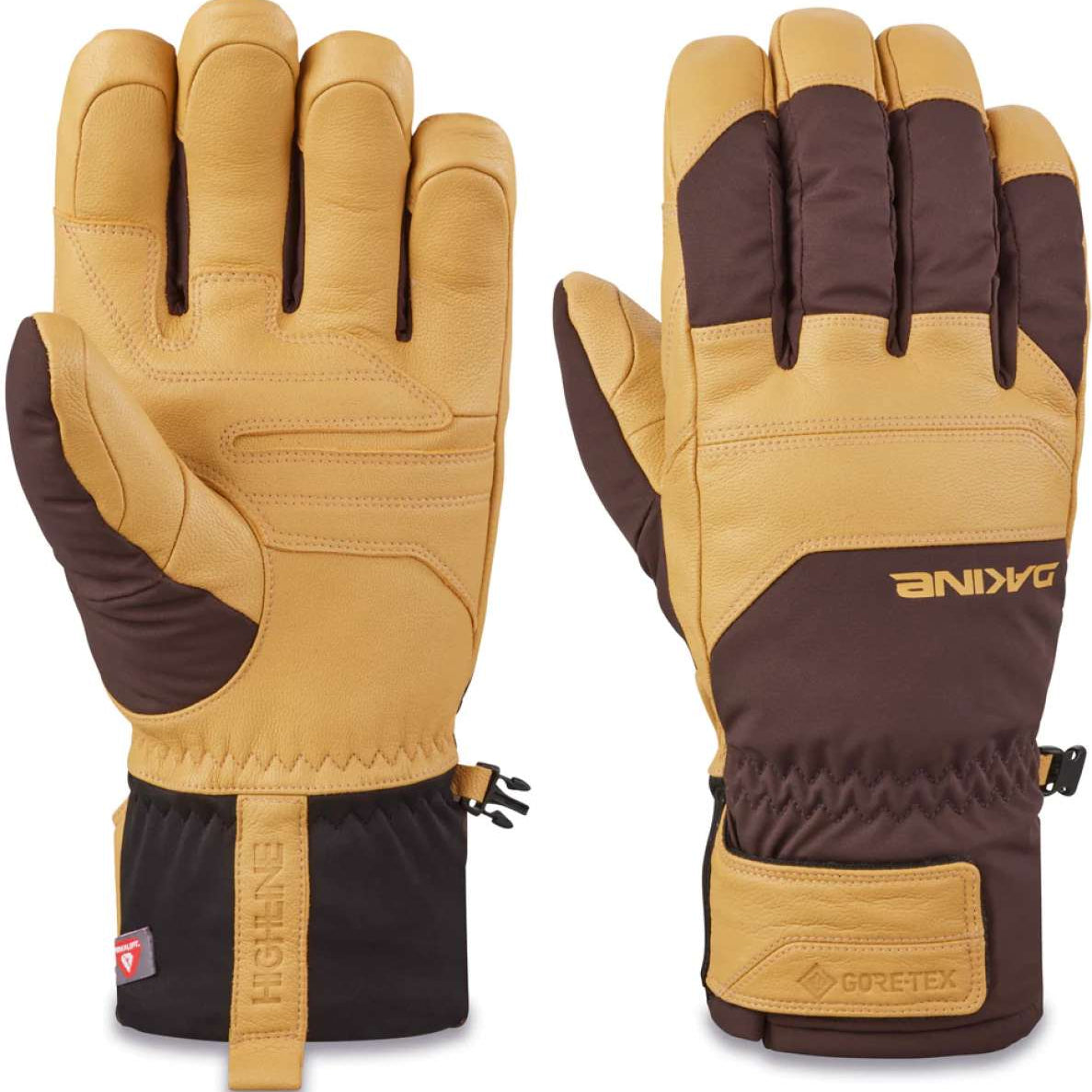 Dakine Excursion GORE-TEX Short Gloves - A pair of tan and brown gloves with a black strap on the wrist, featuring a logo that reads "DAKINE" in yellow letters.