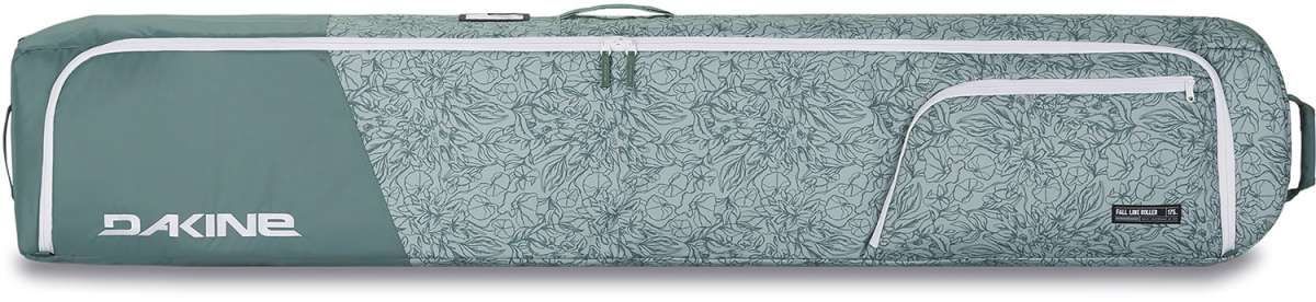 Dakine Fall Line Ski Roller Bag 2024 - A large, rectangular bag with a gray and white patterned design, featuring a handle on top and a zippered opening.