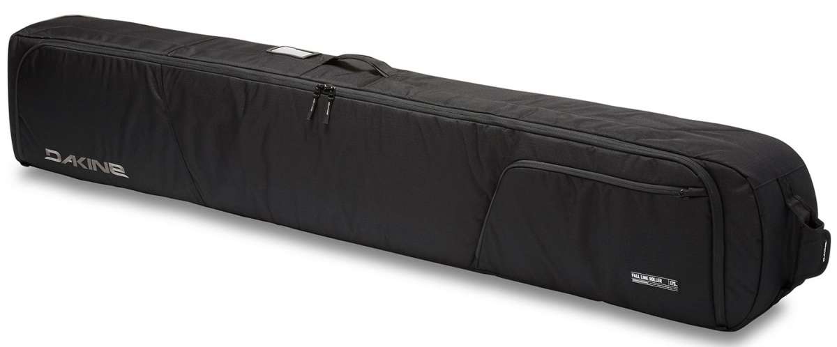 Dakine Fall Line Ski Roller Bag - A black roller bag with a zippered top and two handles, featuring the brand name "DAKINE" in white letters on one side.