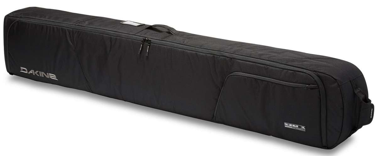 Dakine Fall Line Ski Roller Bag - A black roller bag with a zippered top and two handles, featuring the brand name "DAKINE" in white letters on one side.