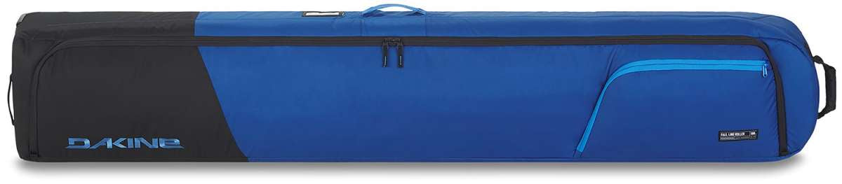 Dakine Fall Line Ski Roller Bag 2024 - Black roller bag with blue accents and a zippered front pocket.