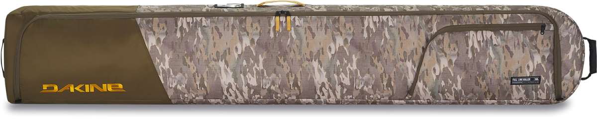 Dakine Fall Line Ski Roller Bag 2024 - A brown ski roller bag with a yellow zipper and black handle.