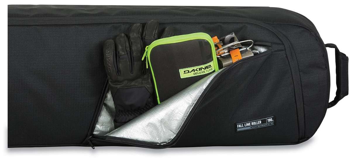 Dakine Fall Line Ski Roller Bag 2024 - Black roller bag with silver zipper and lime green trim.
