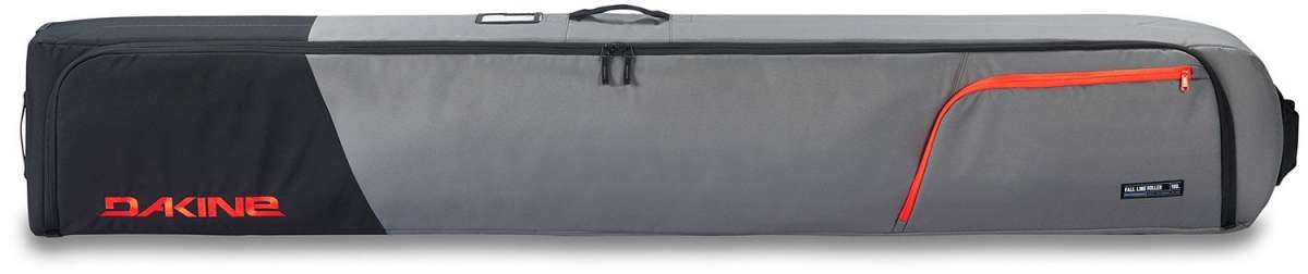 Dakine Fall Line Ski Roller Bag 2024 - Gray roller bag with black trim and orange zipper.