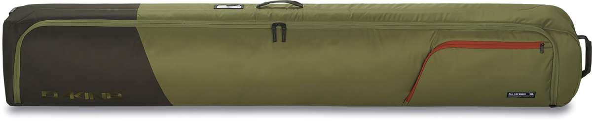 Dakine Fall Line Ski Roller Bag 2024 - A large, olive green roller bag with a black handle and wheels at the bottom.