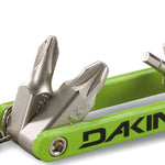 Dakine Fidget Tool 2022-2023 - A small, multi-tool with a green plastic handle and silver metal components, including a screwdriver tip, flathead screwdriver, and bottle opener.