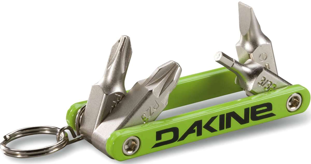 Dakine Fidget Tool 2022-2023 - A small, multi-tool with a green plastic handle and silver metal components, including a screwdriver tip, flathead screwdriver, and bottle opener.