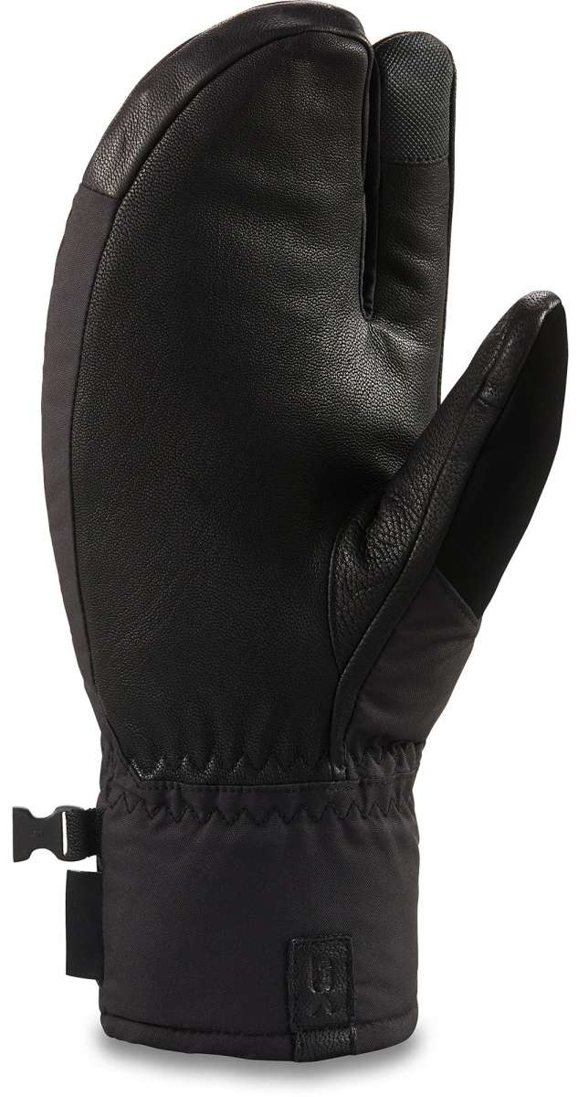Dakine Fillmore Trigger Mitt 2022-2023 - Black mitt with textured black leather palm and thumb, quilted black fabric back, and adjustable strap at wrist.