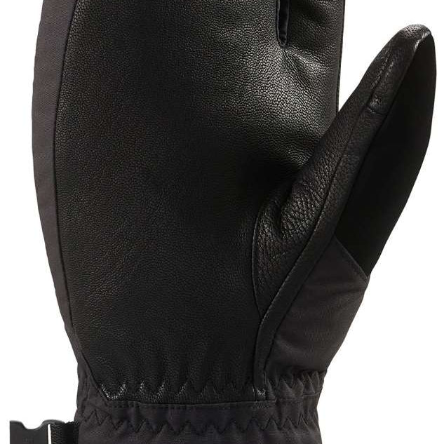 Dakine Fillmore Trigger Mitt 2022-2023 - Black mitt with textured black leather palm and thumb, quilted black fabric back, and adjustable strap at wrist.