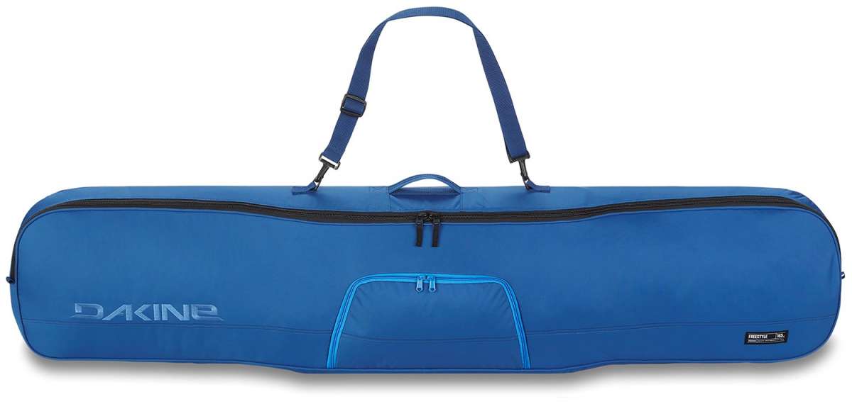 Dakine - Freestyle Board Bag 2024 is shown from a front view, featuring a blue exterior with a zippered pocket on the side and a handle at the top.