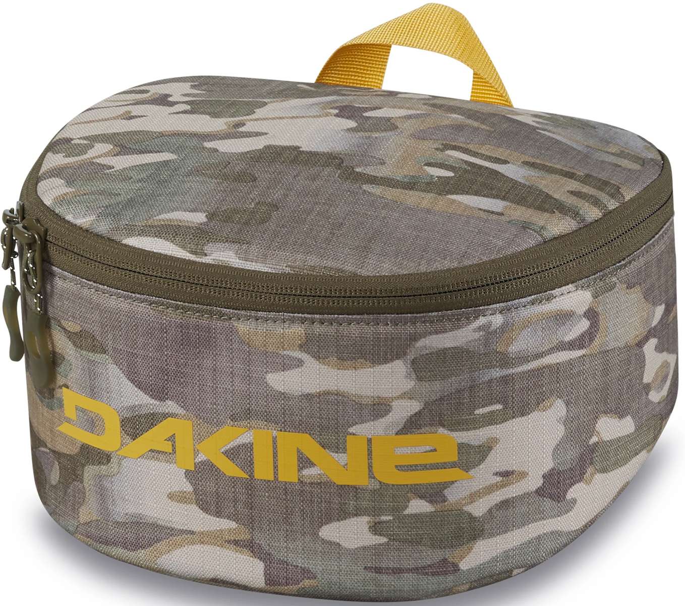 Dakine Goggle Stash - A small, rectangular-shaped bag with a zippered top and a handle on one side, featuring a camouflage pattern in shades of green and brown.