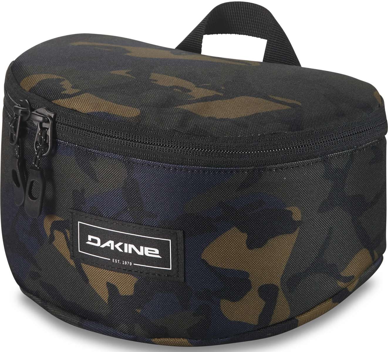 Dakine Goggle Stash - A black bag with a zippered top and handle, featuring a camouflage pattern on its front.