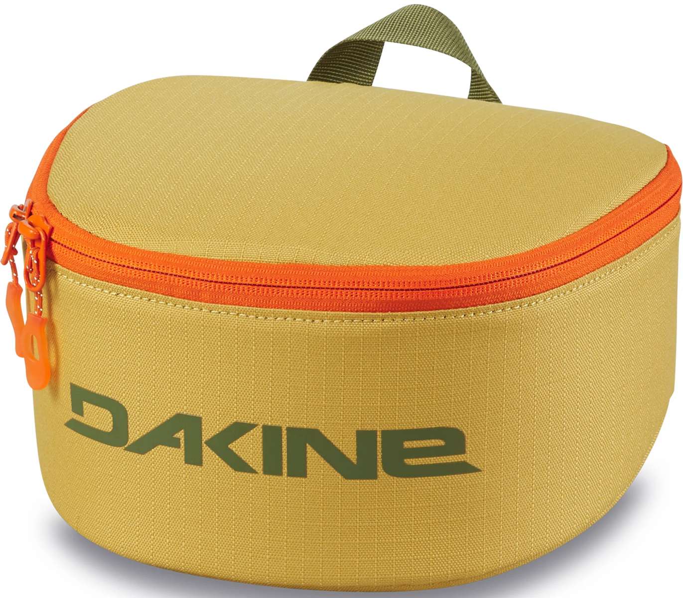Dakine Goggle Stash - A tan-colored bag with a zippered top and an orange zipper pull, featuring a handle on top.