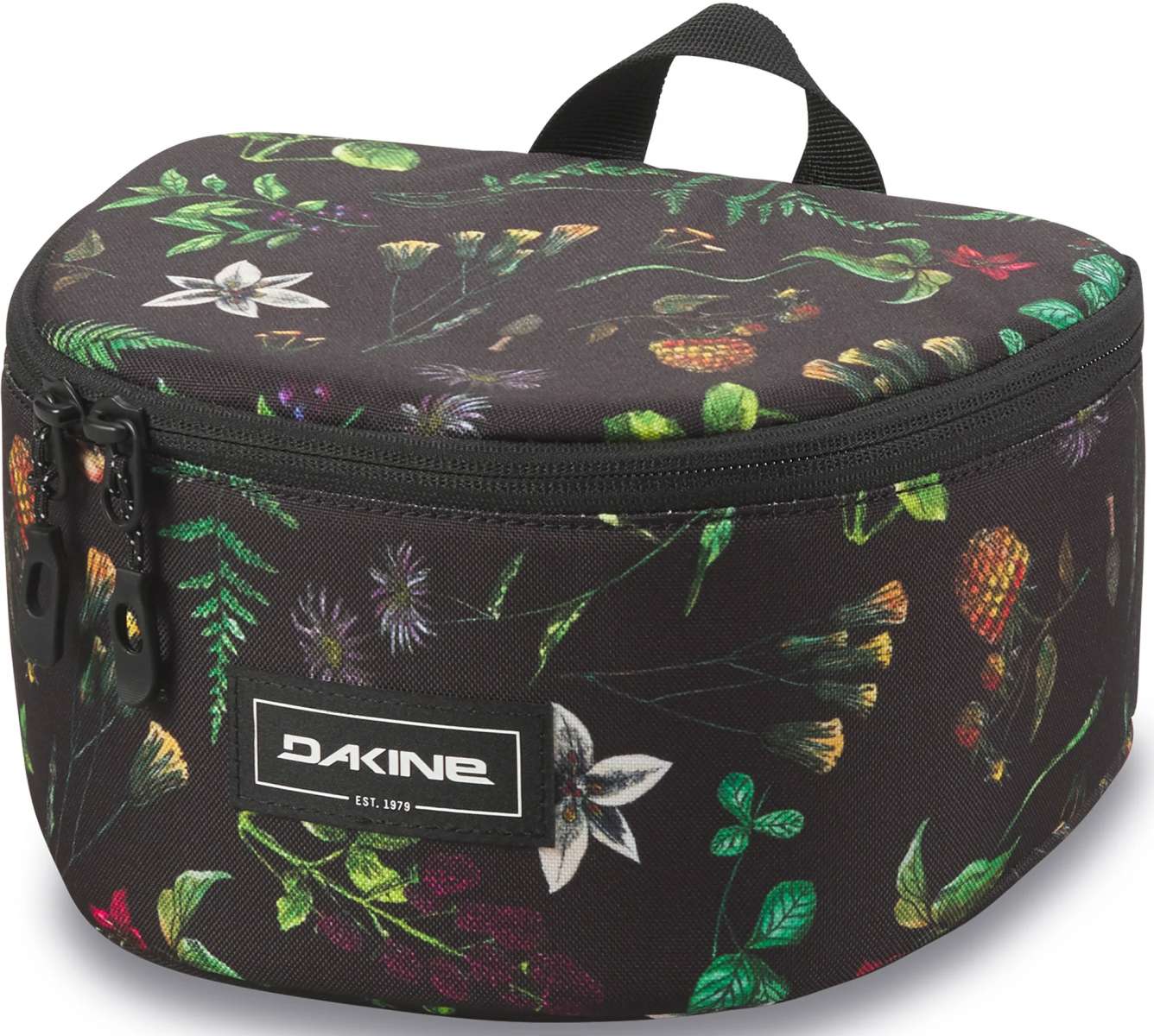 Dakine Goggle Stash - A black rectangular bag with a zippered top and handle, featuring a floral pattern of green leaves and small purple flowers.