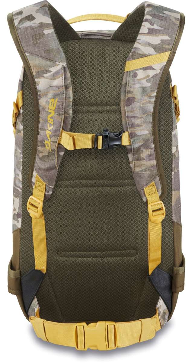 Dakine Heli Pro 20L Backpack 2024 - A gray backpack with a camouflage pattern and yellow accents, featuring a mesh back panel and adjustable shoulder straps.
