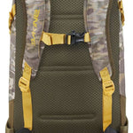 Dakine Heli Pro 20L Backpack 2024 - A gray backpack with a camouflage pattern and yellow accents, featuring a mesh back panel and adjustable shoulder straps.