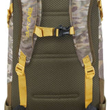 Dakine Heli Pro 20L Backpack 2024 - A gray backpack with a camouflage pattern and yellow accents, featuring a mesh back panel and adjustable shoulder straps.