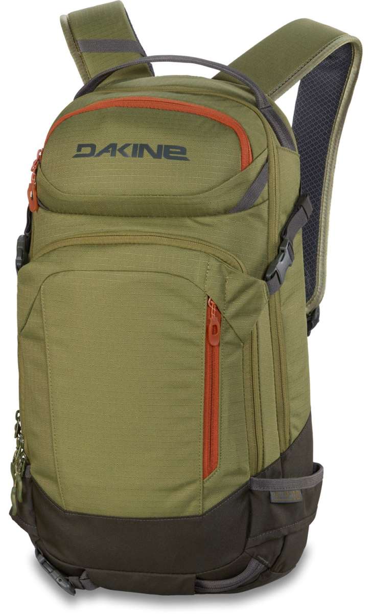 Dakine Heli Pro 20L Backpack 2024 - A green backpack with a zippered front pocket and two side pockets, featuring an orange zipper on top.