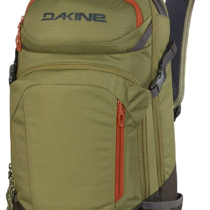 Dakine Heli Pro 20L Backpack 2024 - A green backpack with a zippered front pocket and two side pockets, featuring an orange zipper on top.