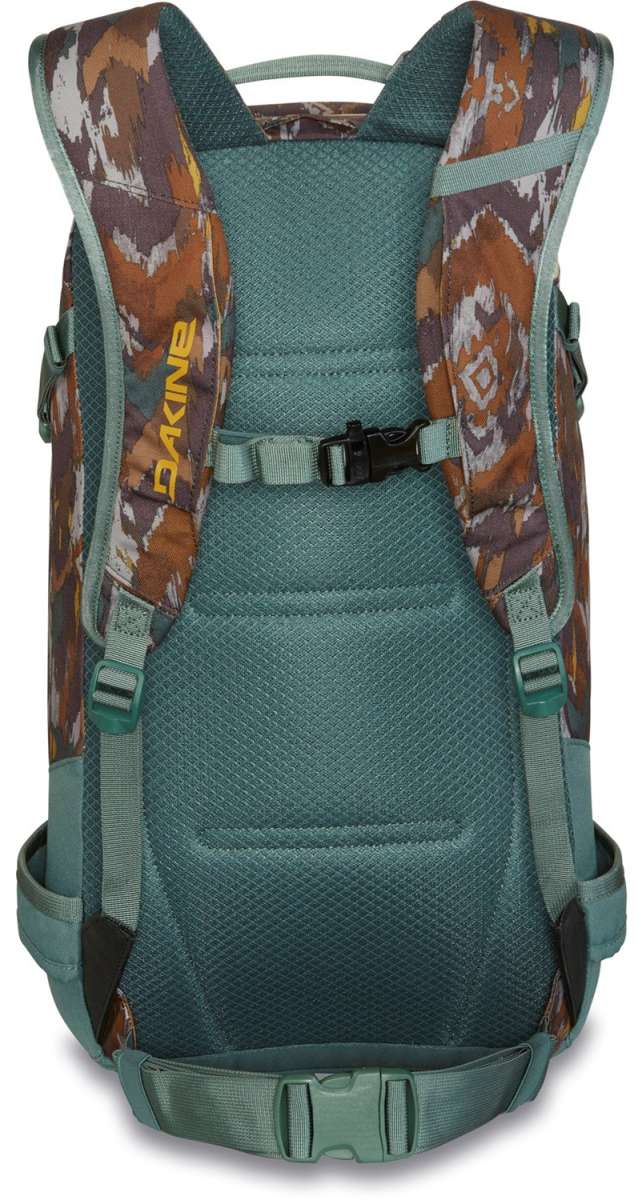 Dakine Heli Pro 20L Backpack 2024 - A brown and gray backpack with a geometric pattern on the front, featuring a zippered pocket and adjustable straps.