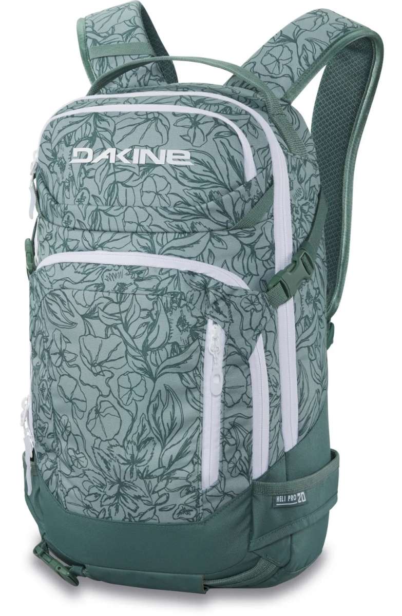 Dakine Heli Pro 20L Backpack 2024 - A light blue backpack with a floral pattern and white accents, featuring two zippered pockets on the front.