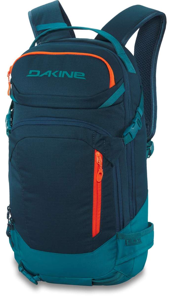 Dakine Heli Pro 20L Backpack - A dark gray backpack with orange zipper and accents, featuring a zippered front pocket and two adjustable shoulder straps.