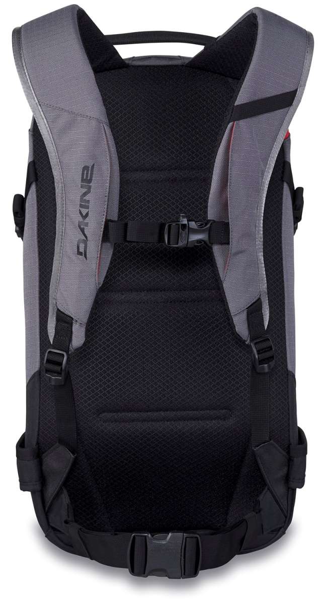 Dakine Heli Pro 20L Backpack 2024 - A gray backpack with a black mesh pocket on the side and two black buckles in front.