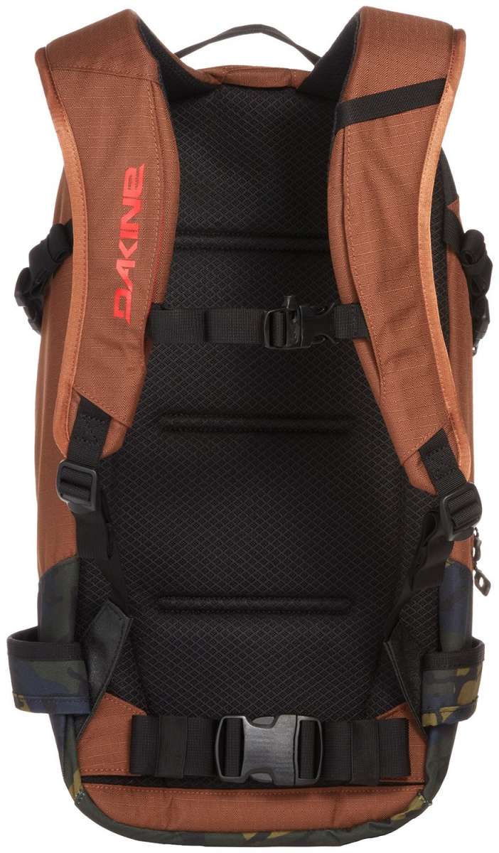 Dakine Heli Pro 20L Backpack 2024 - A brown backpack with a black mesh back panel and straps, featuring a zippered pocket on the front.