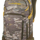 Dakine Heli Pro 20L Backpack - A camouflage backpack with yellow accents and a zippered front pocket.