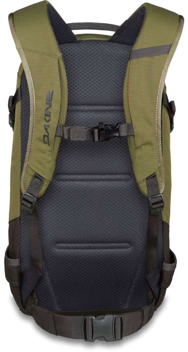 Dakine Heli Pro 20L Backpack 2024 - A green backpack with a gray mesh pocket on the side and two black buckles.