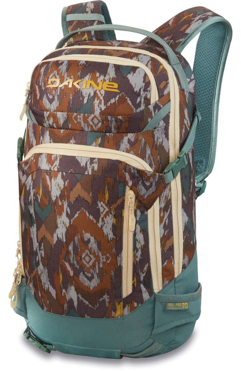 Dakine Heli Pro 20L Backpack 2024 - A brown backpack with a geometric pattern and cream-colored zippers.