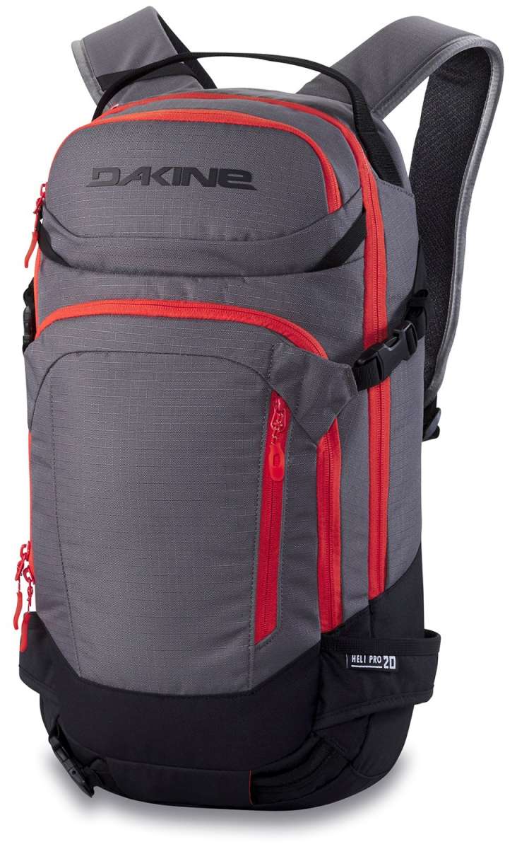 Dakine Heli Pro 20L Backpack 2024 - A gray backpack with red zippers and accents, featuring a black strap on top.