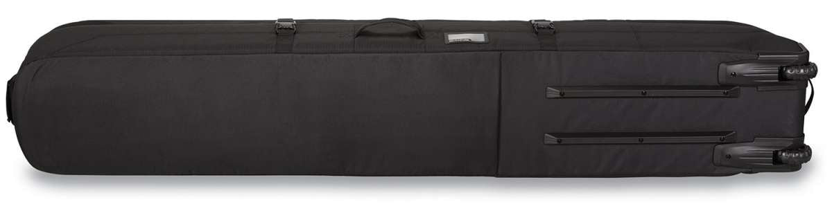 Dakine High Roller Board Bag - Black bag with a zippered top and two side pockets, featuring a handle on top and wheels at the bottom.