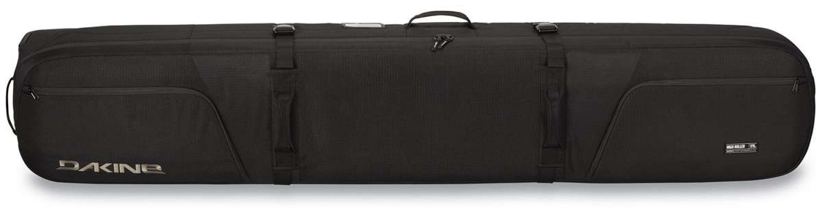 Dakine High Roller Board Bag 2024 - Black bag with white Dakine logo on top left corner and two zippered pockets on front.