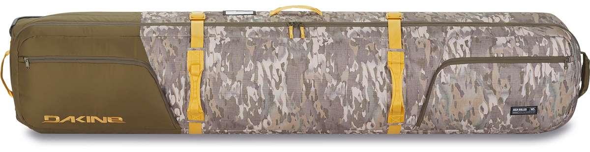 Dakine High Roller Board Bag 2024 - A large, olive green bag with a zippered top and two yellow straps on the front.