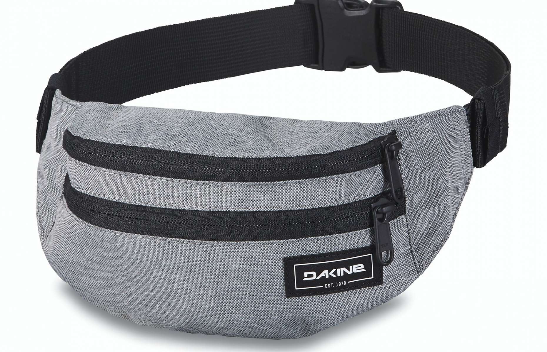 Dakine Hip Pack - A gray hip pack with two zippered pockets and a black zipper pull on one pocket.