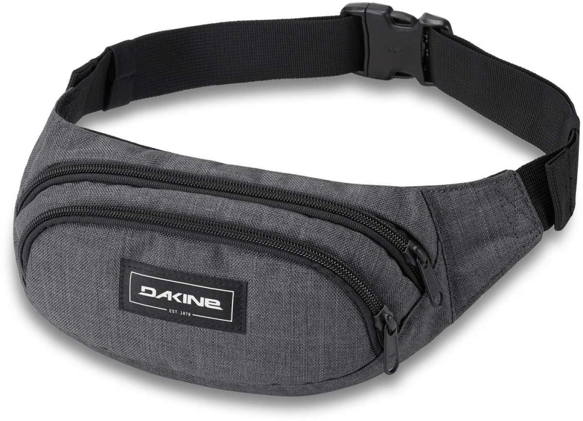 Dakine Hip Pack - A gray hip pack with a black zipper and white lettering on the front.
