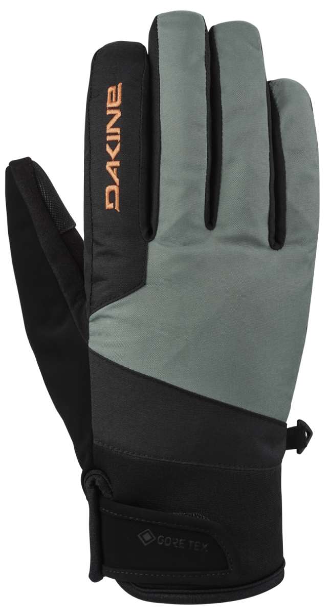 Dakine Impreza GORE-TEX Gloves - A pair of gloves with a gray palm and fingers, featuring orange lettering on the back of one glove that reads "DAKINE".